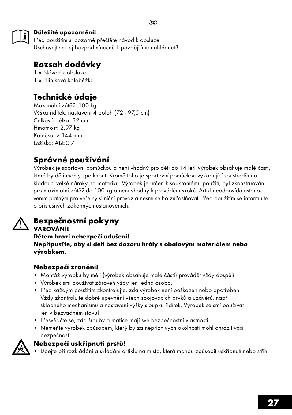 Rozsah dodávky, Technické údaje, Správné používání | Bezpečnostní pokyny | Crivit AS-1461 User Manual | Page 27 / 44