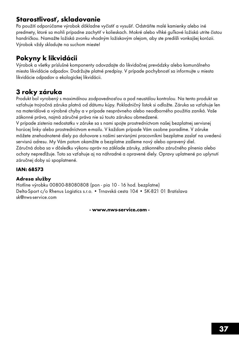 37 starostlivosť, skladovanie, Pokyny k likvidácii, 3 roky záruka | Crivit AS-1461 User Manual | Page 37 / 44