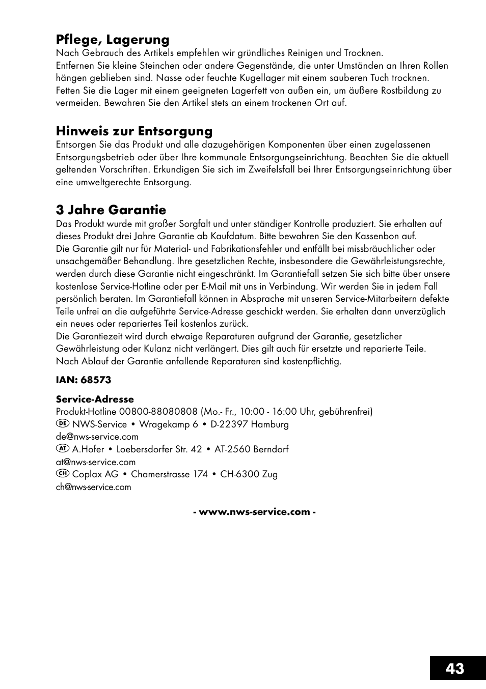 43 pflege, lagerung, Hinweis zur entsorgung, 3 jahre garantie | Crivit AS-1461 User Manual | Page 43 / 44