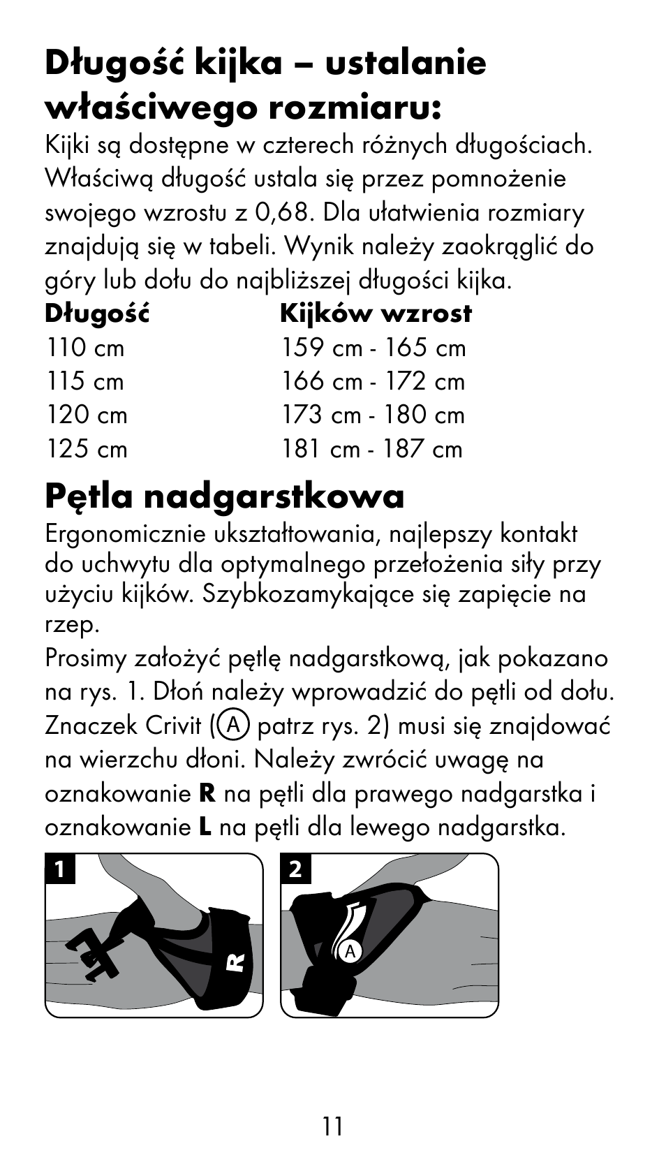 Długość kijka – ustalanie właściwego rozmiaru, Pętla nadgarstkowa | Crivit WS-1370 User Manual | Page 11 / 60