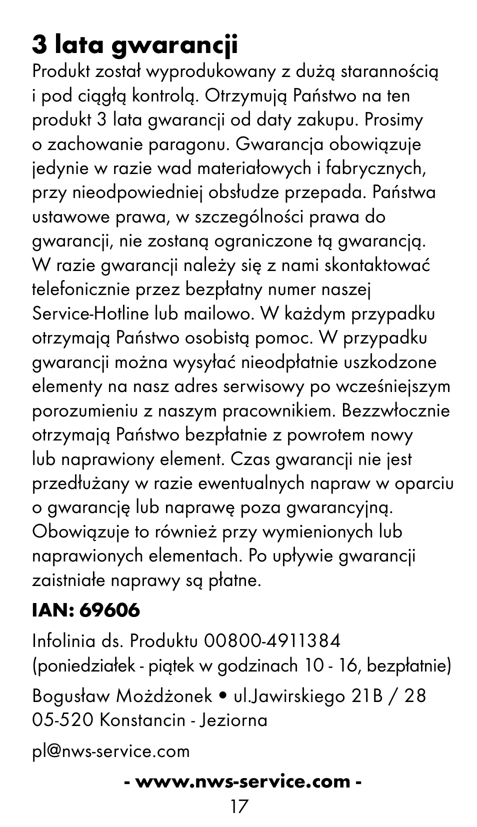 3 lata gwarancji | Crivit WS-1370 User Manual | Page 17 / 60