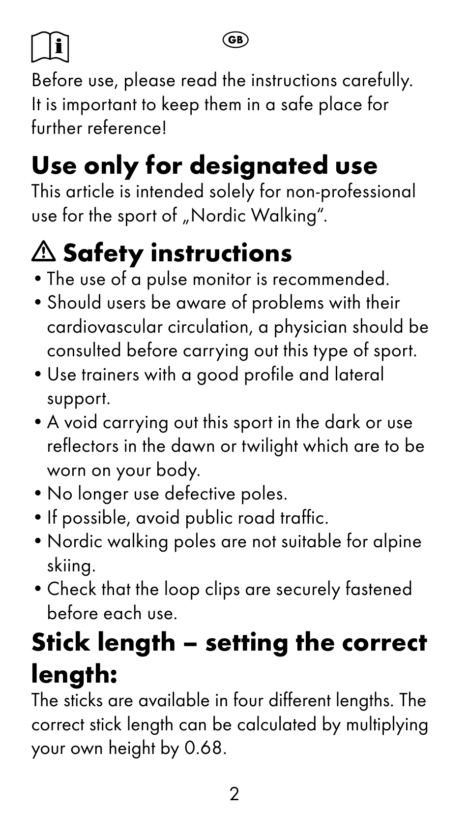 Use only for designated use, Safety instructions, Stick length – setting the correct length | Crivit WS-1370 User Manual | Page 2 / 60