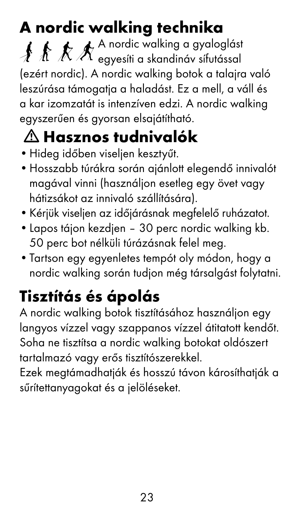 A nordic walking technika, Hasznos tudnivalók, Tisztítás és ápolás | Crivit WS-1370 User Manual | Page 23 / 60