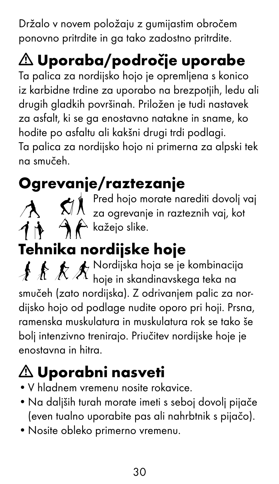 Uporaba/področje uporabe, Ogrevanje/raztezanje, Tehnika nordijske hoje | Uporabni nasveti | Crivit WS-1370 User Manual | Page 30 / 60