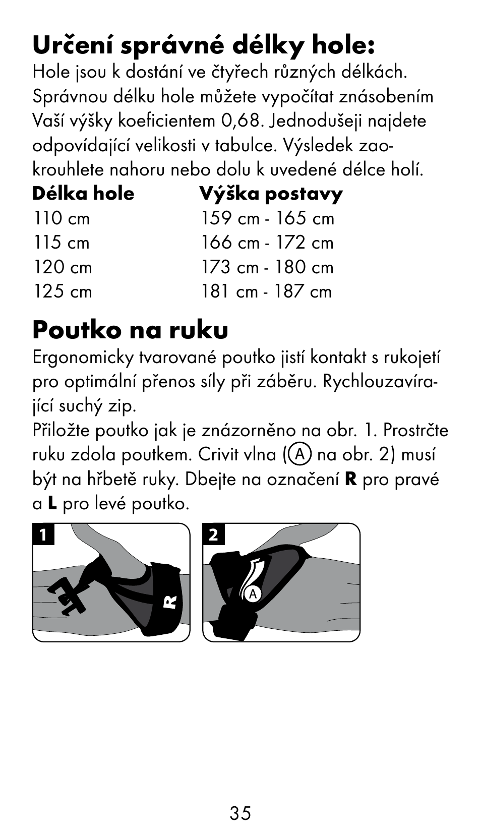 Určení správné délky hole, Poutko na ruku | Crivit WS-1370 User Manual | Page 35 / 60