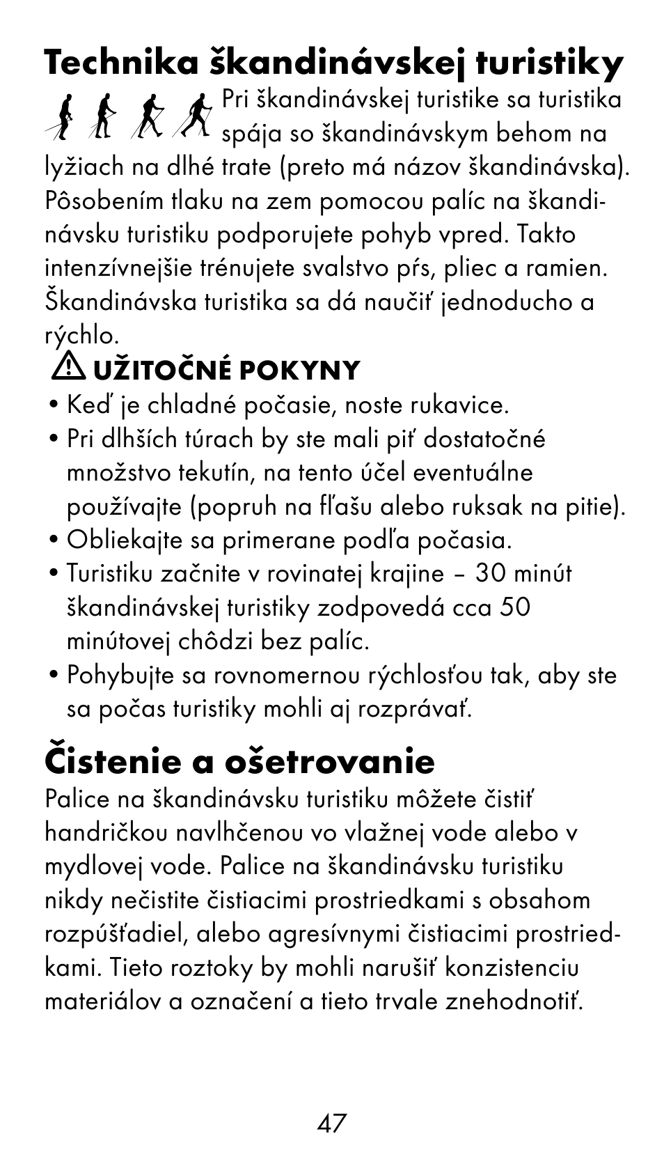 Technika škandinávskej turistiky, Čistenie a ošetrovanie | Crivit WS-1370 User Manual | Page 47 / 60