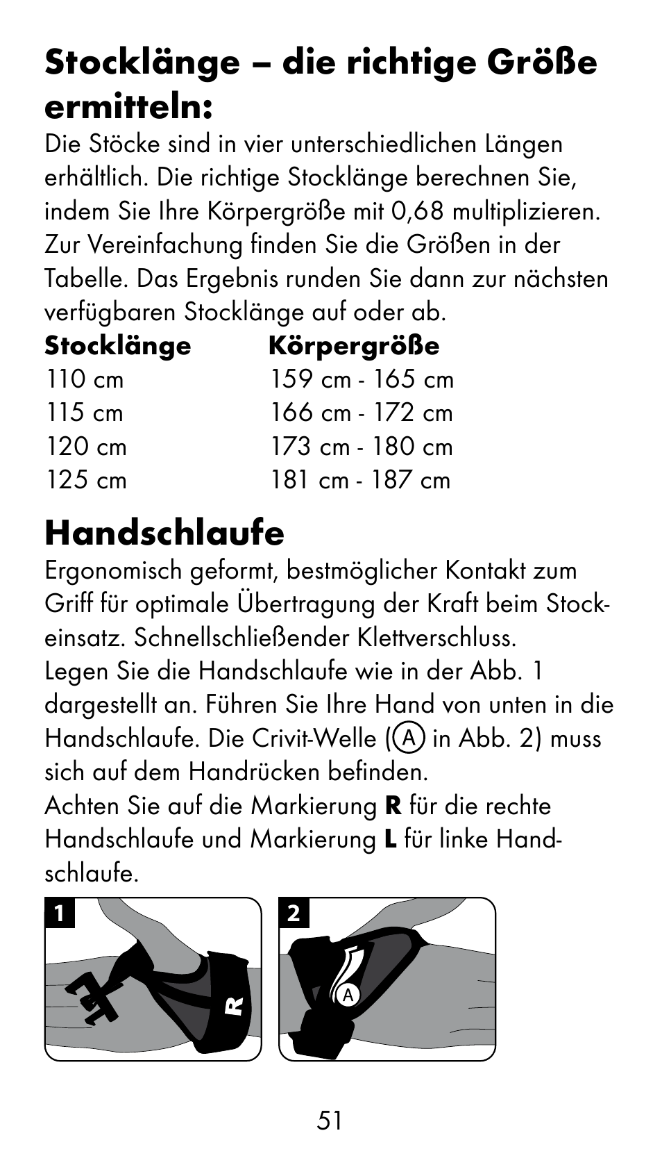 Stocklänge – die richtige größe ermitteln, Handschlaufe | Crivit WS-1370 User Manual | Page 51 / 60