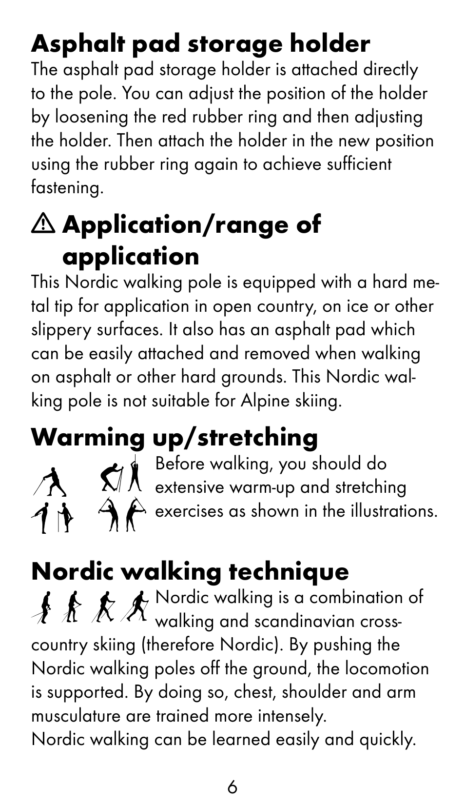 Asphalt pad storage holder, Application/range of application, Warming up/stretching | Nordic walking technique | Crivit WS-1370 User Manual | Page 6 / 60