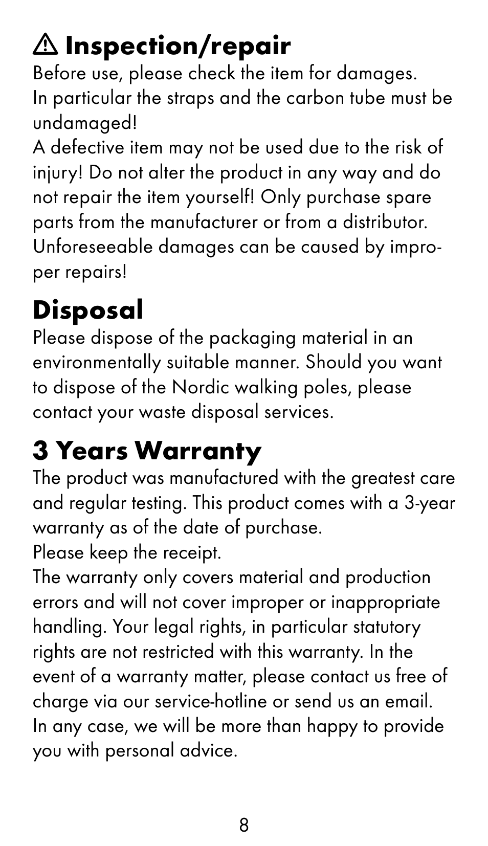 Inspection/repair, Disposal, 3 years warranty | Crivit WS-1370 User Manual | Page 8 / 60