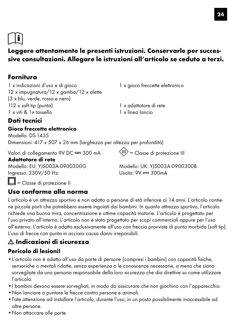 Dati tecnici, Uso conforme alla norma, Indicazioni di sicurezza | Crivit DS-1435 User Manual | Page 22 / 94