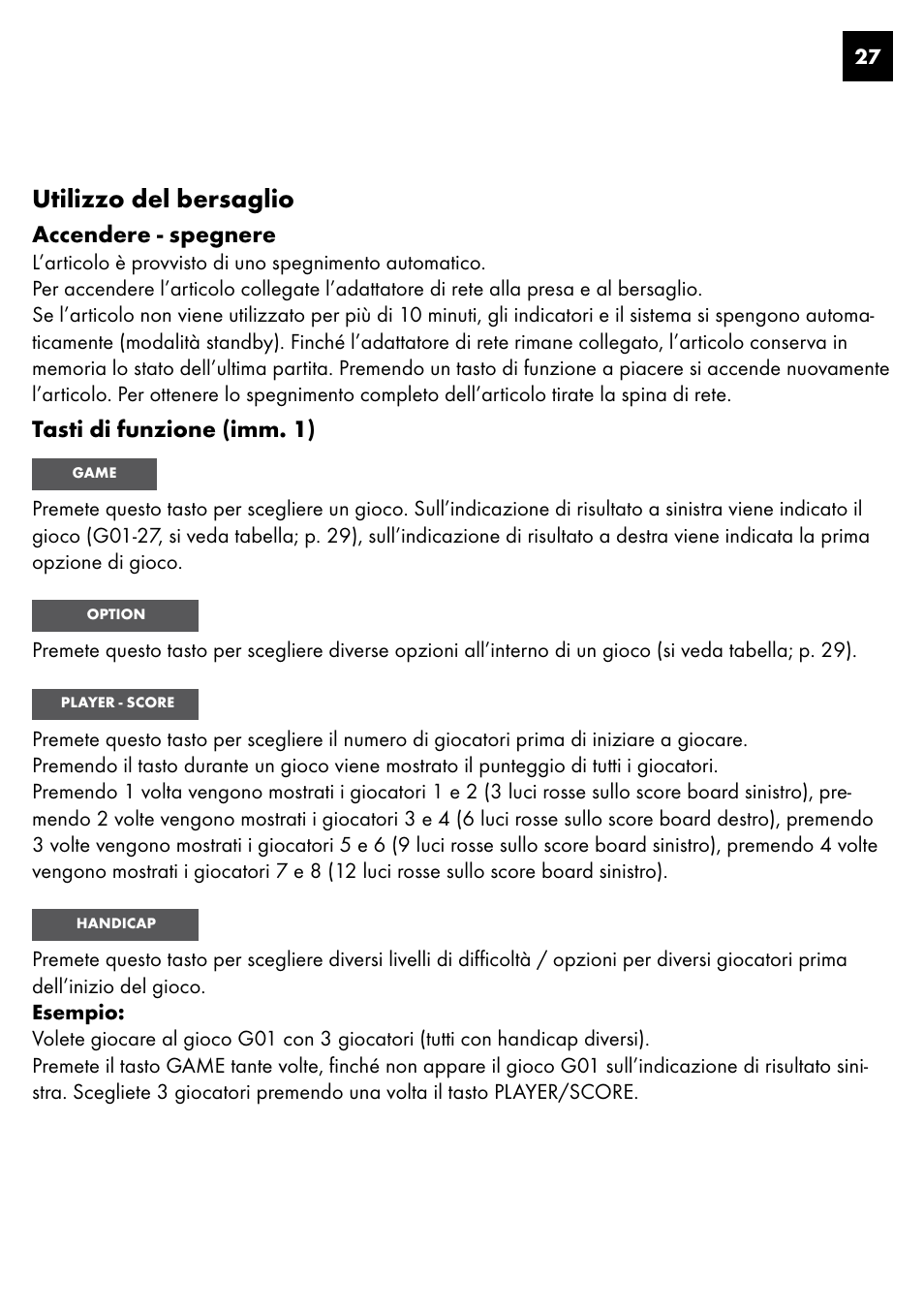 Utilizzo del bersaglio, Accendere - spegnere, Tasti di funzione (imm. 1) | Crivit DS-1435 User Manual | Page 25 / 94