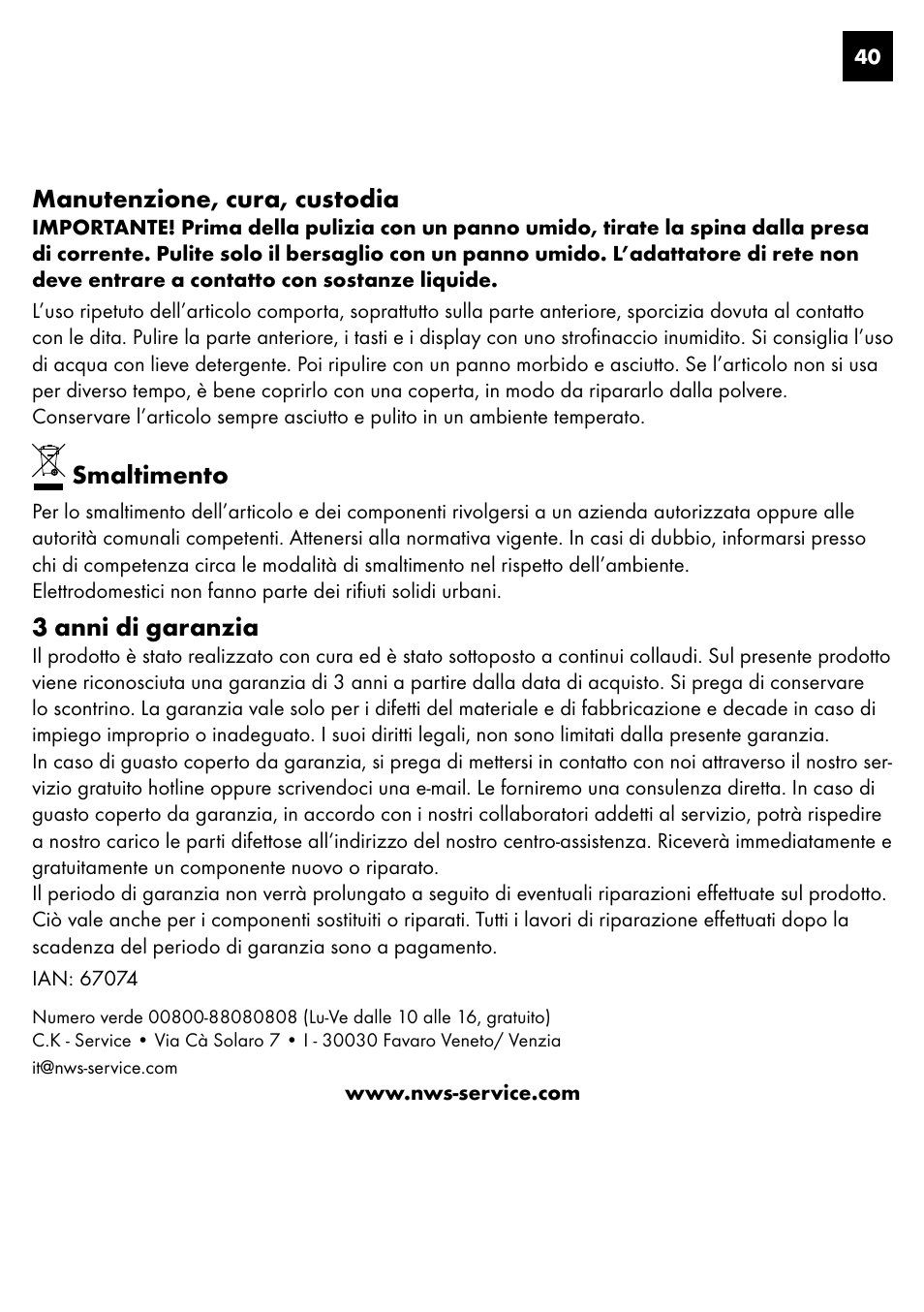 Manutenzione, cura, custodia, Smaltimento, 3 anni di garanzia | Crivit DS-1435 User Manual | Page 38 / 94