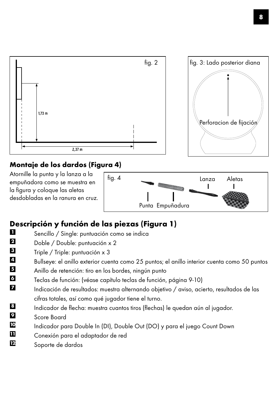 Descripción y función de las piezas (figura 1), Montaje de los dardos (figura 4) | Crivit DS-1435 User Manual | Page 6 / 94