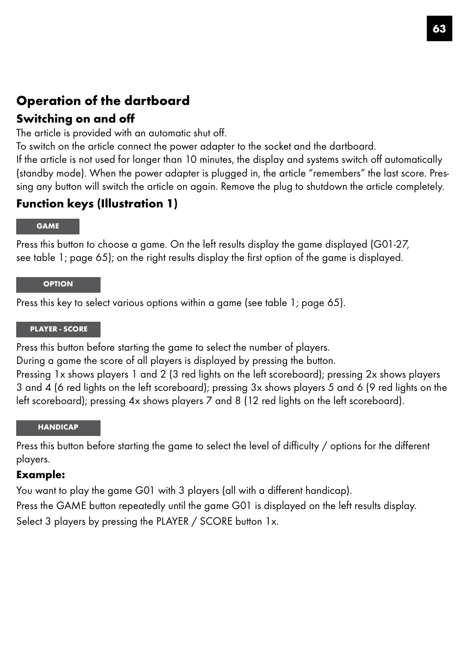 Operation of the dartboard, Switching on and off, Function keys (illustration 1) | Crivit DS-1435 User Manual | Page 61 / 94