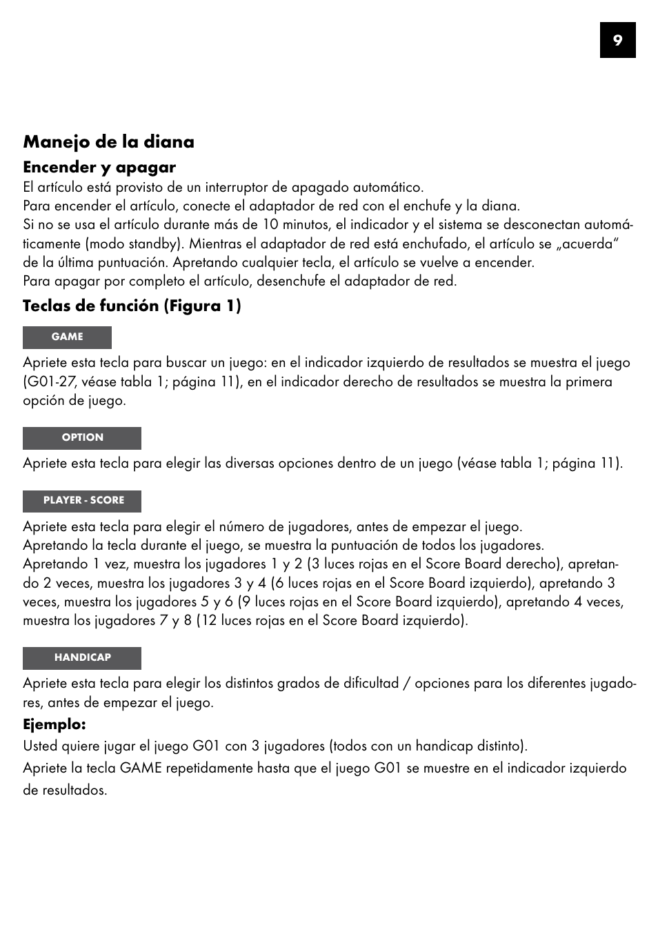 Manejo de la diana, Encender y apagar, Teclas de función (figura 1) | Crivit DS-1435 User Manual | Page 7 / 94