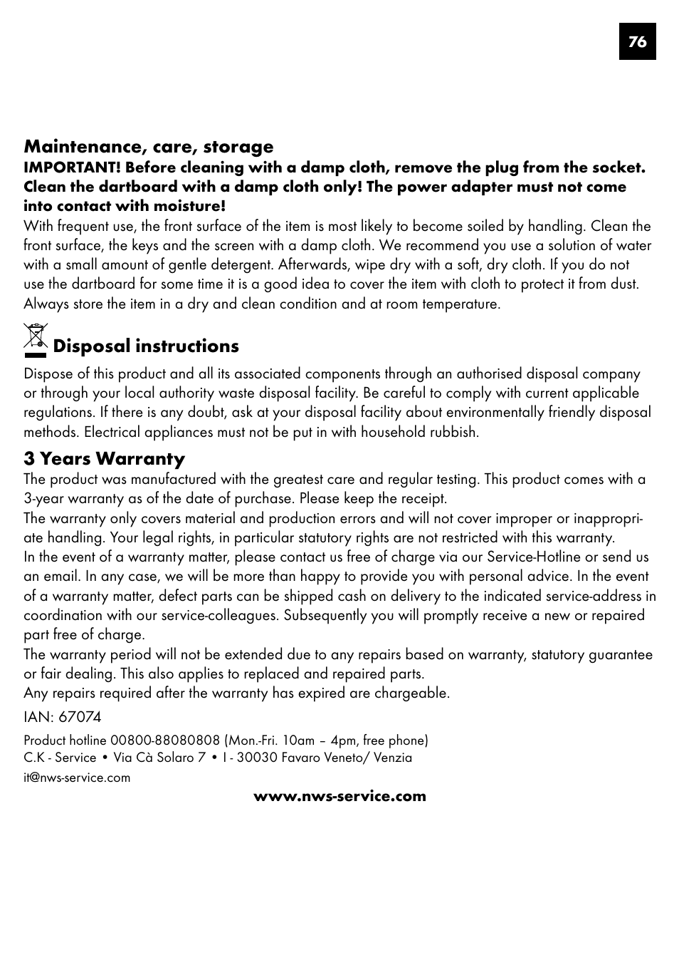 Maintenance, care, storage, Disposal instructions, 3 years warranty | Crivit DS-1435 User Manual | Page 74 / 94