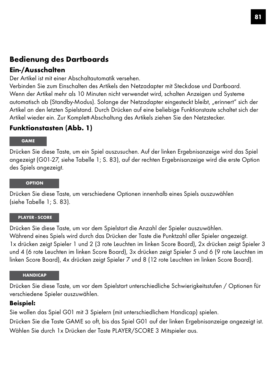 Bedienung des dartboards, Ein-/ausschalten, Funktionstasten (abb. 1) | Crivit DS-1435 User Manual | Page 79 / 94