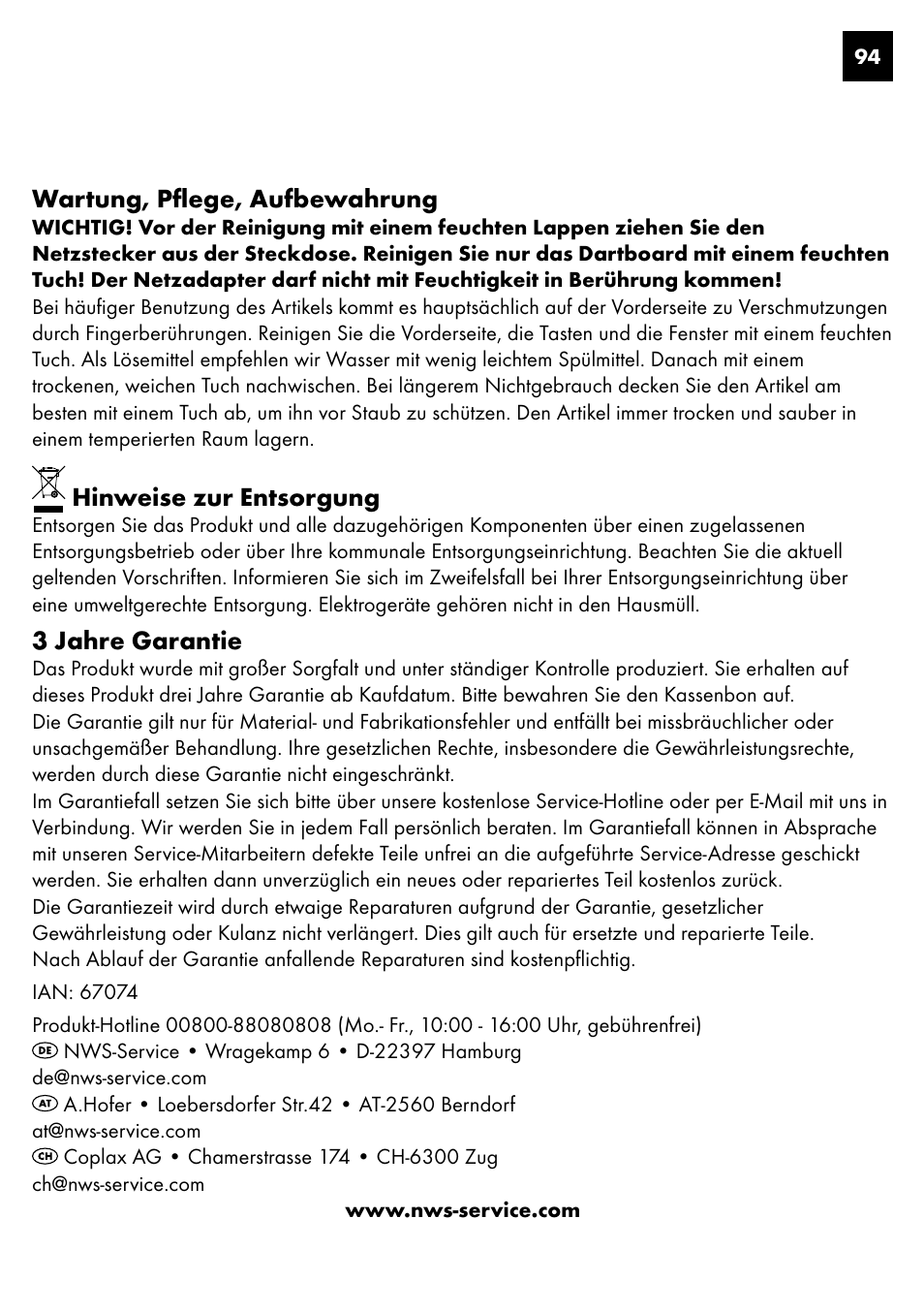 Wartung, pflege, aufbewahrung, Hinweise zur entsorgung, 3 jahre garantie | Crivit DS-1435 User Manual | Page 92 / 94