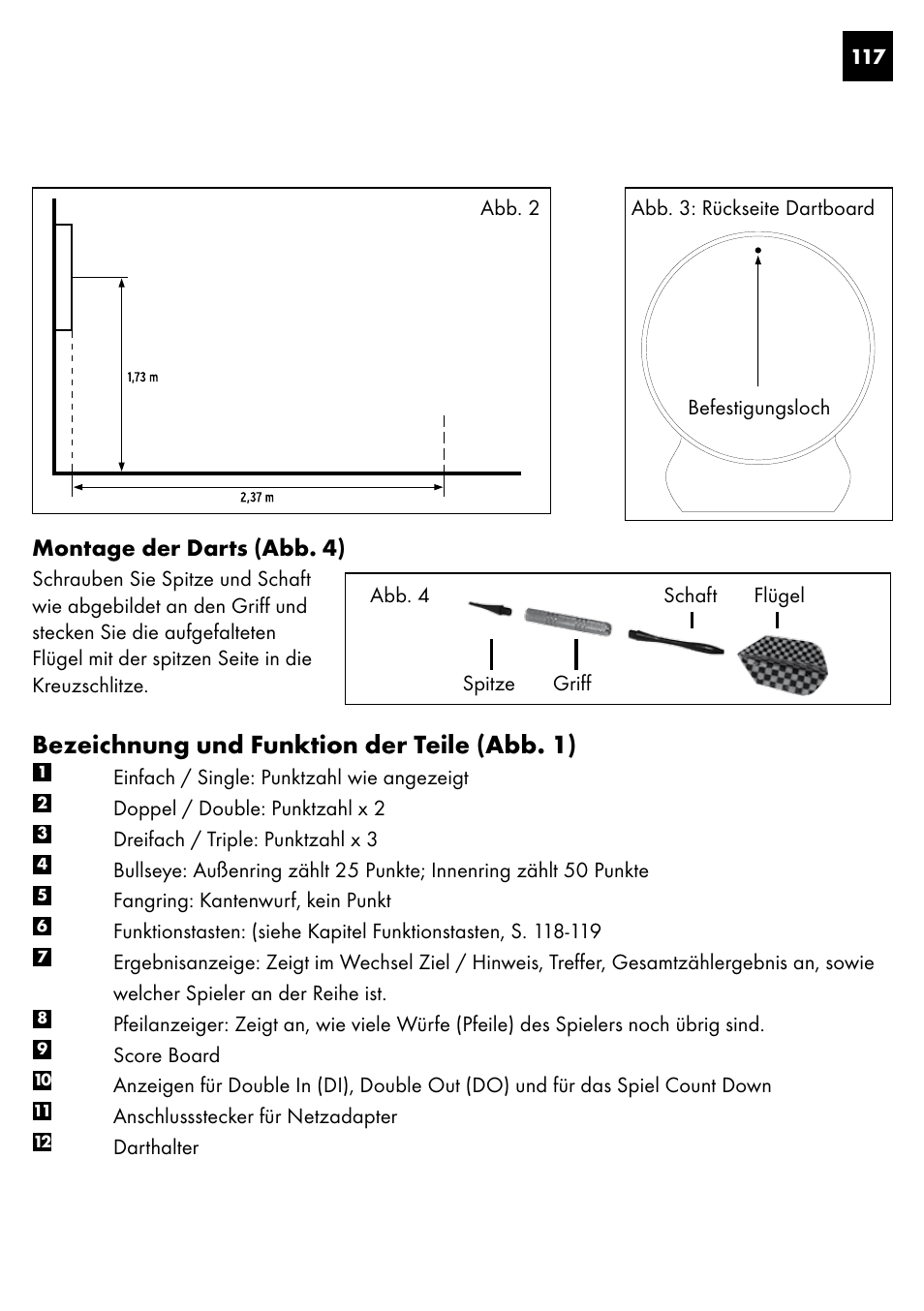 Bezeichnung und funktion der teile (abb. 1), Montage der darts (abb. 4) | Crivit DS-1435 User Manual | Page 115 / 130