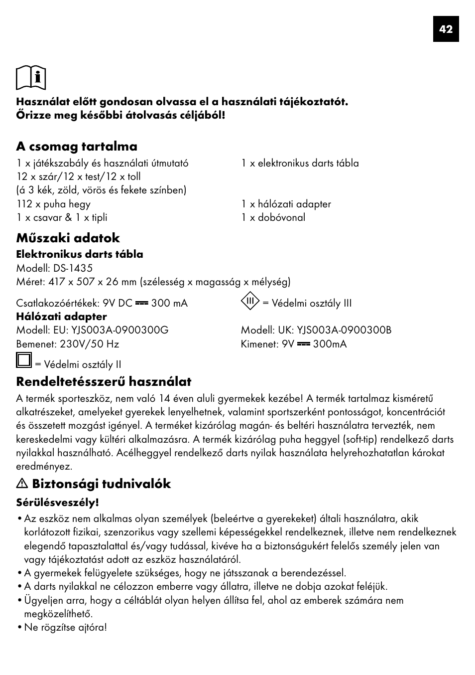 A csomag tartalma, Műszaki adatok, Rendeltetésszerű használat | Biztonsági tudnivalók | Crivit DS-1435 User Manual | Page 40 / 130