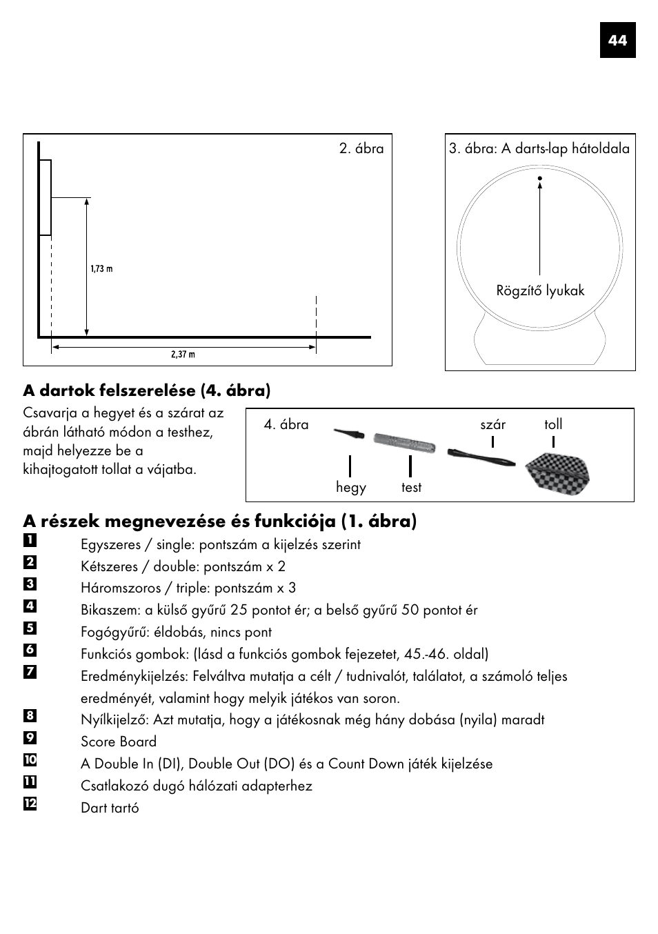 A részek megnevezése és funkciója (1. ábra), A dartok felszerelése (4. ábra) | Crivit DS-1435 User Manual | Page 42 / 130