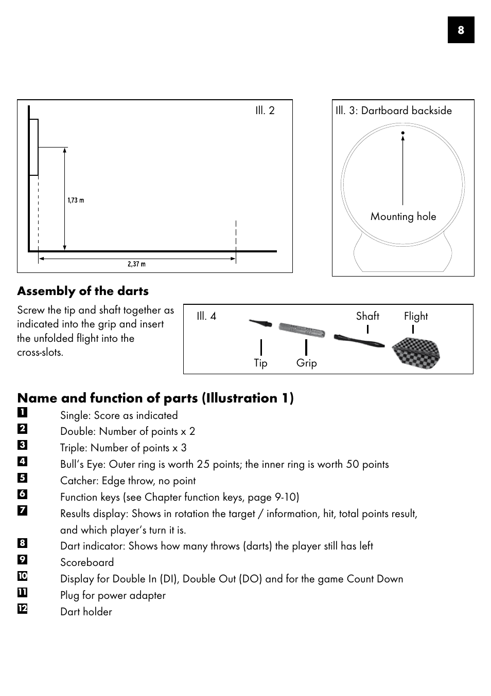 Name and function of parts (illustration 1), Assembly of the darts | Crivit DS-1435 User Manual | Page 6 / 130