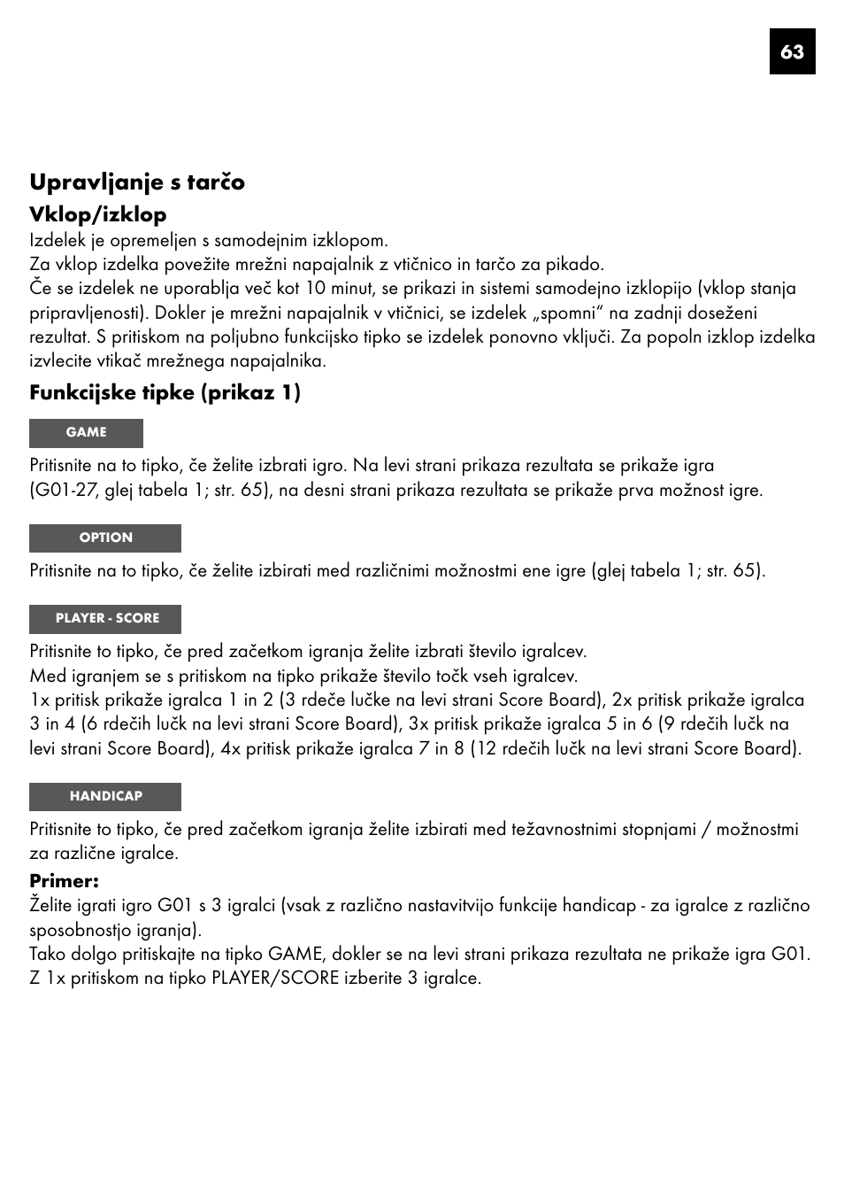 Upravljanje s tarčo, Vklop/izklop, Funkcijske tipke (prikaz 1) | Crivit DS-1435 User Manual | Page 61 / 130