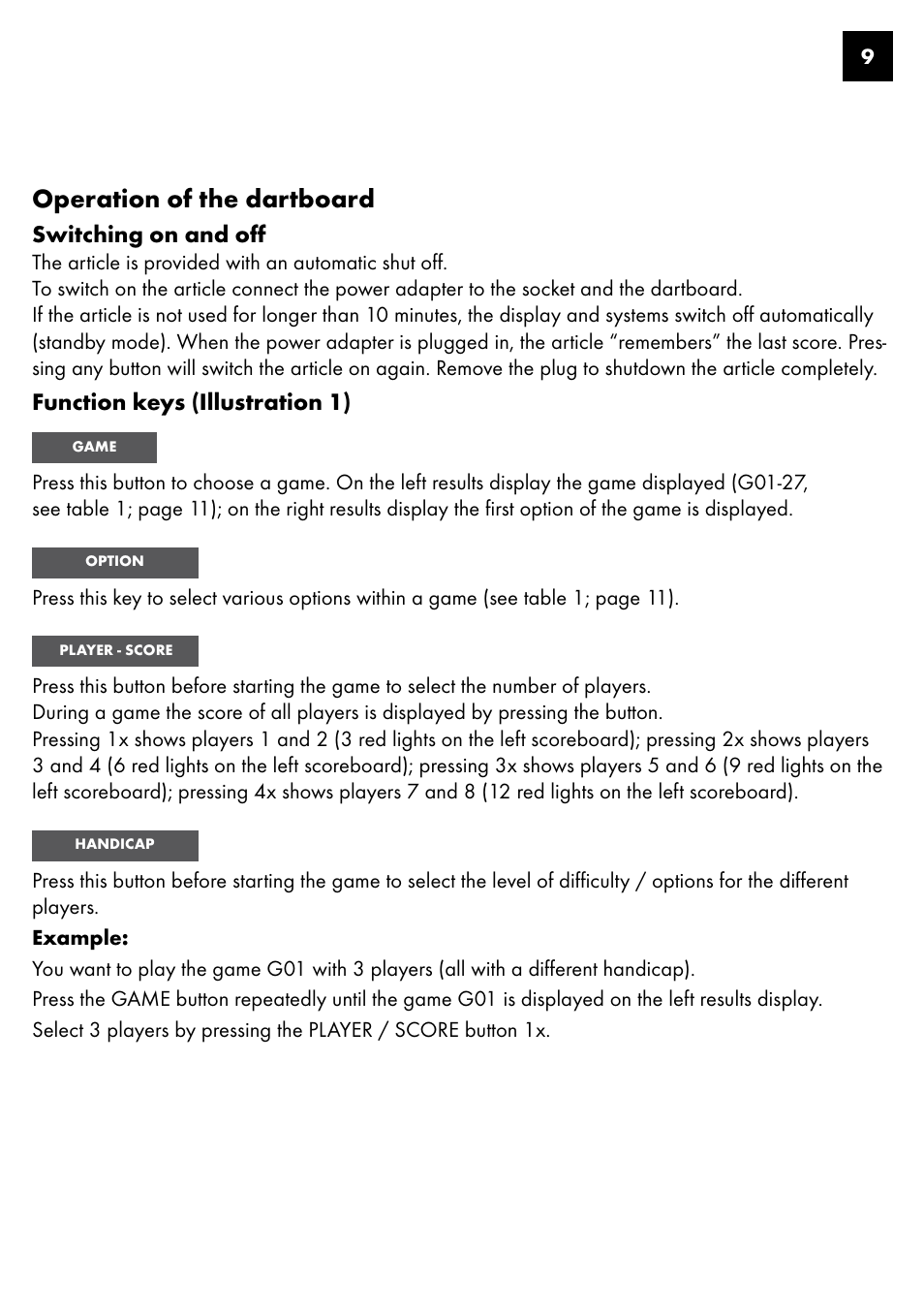 Operation of the dartboard, Switching on and off, Function keys (illustration 1) | Crivit DS-1435 User Manual | Page 7 / 130