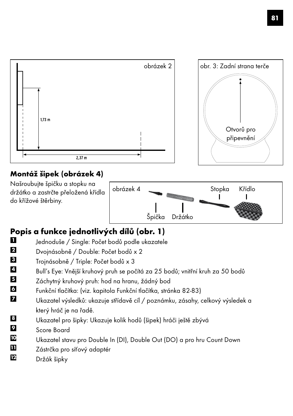 Popis a funkce jednotlivých dílů (obr. 1), Montáž šipek (obrázek 4) | Crivit DS-1435 User Manual | Page 79 / 130