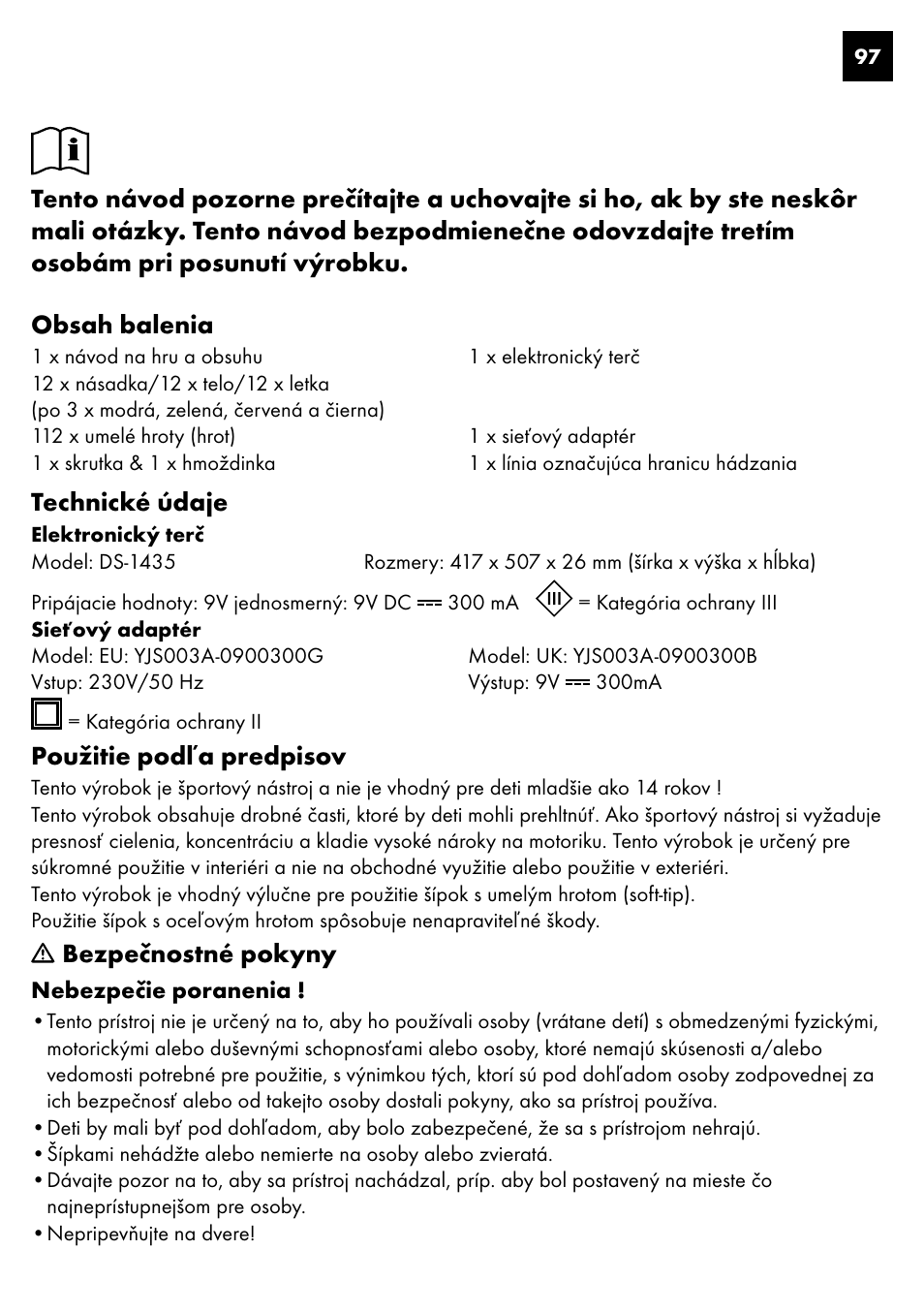 Technické údaje, Použitie podľa predpisov, Bezpečnostné pokyny | Crivit DS-1435 User Manual | Page 95 / 130