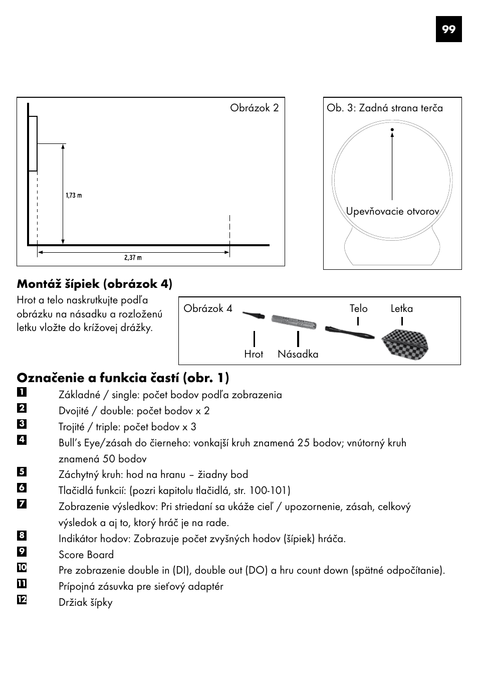 Označenie a funkcia častí (obr. 1), Montáž šípiek (obrázok 4) | Crivit DS-1435 User Manual | Page 97 / 130