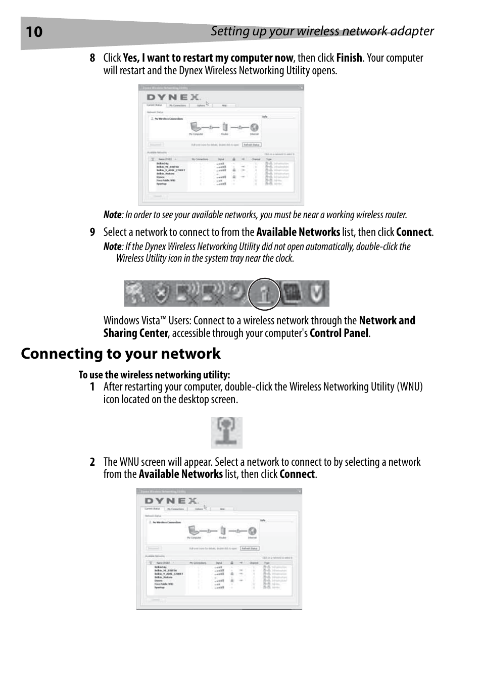 Connecting to your network, To use the wireless networking utility | Dynex DX-BUSB User Manual | Page 10 / 90