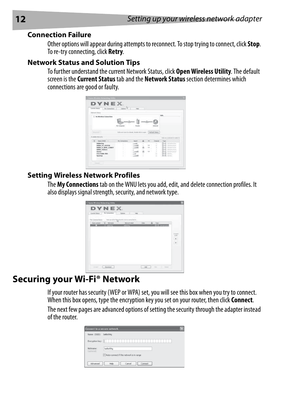 Connection failure, Network status and solution tips, Setting wireless network profiles | Securing your wi-fi® network | Dynex DX-BUSB User Manual | Page 12 / 90