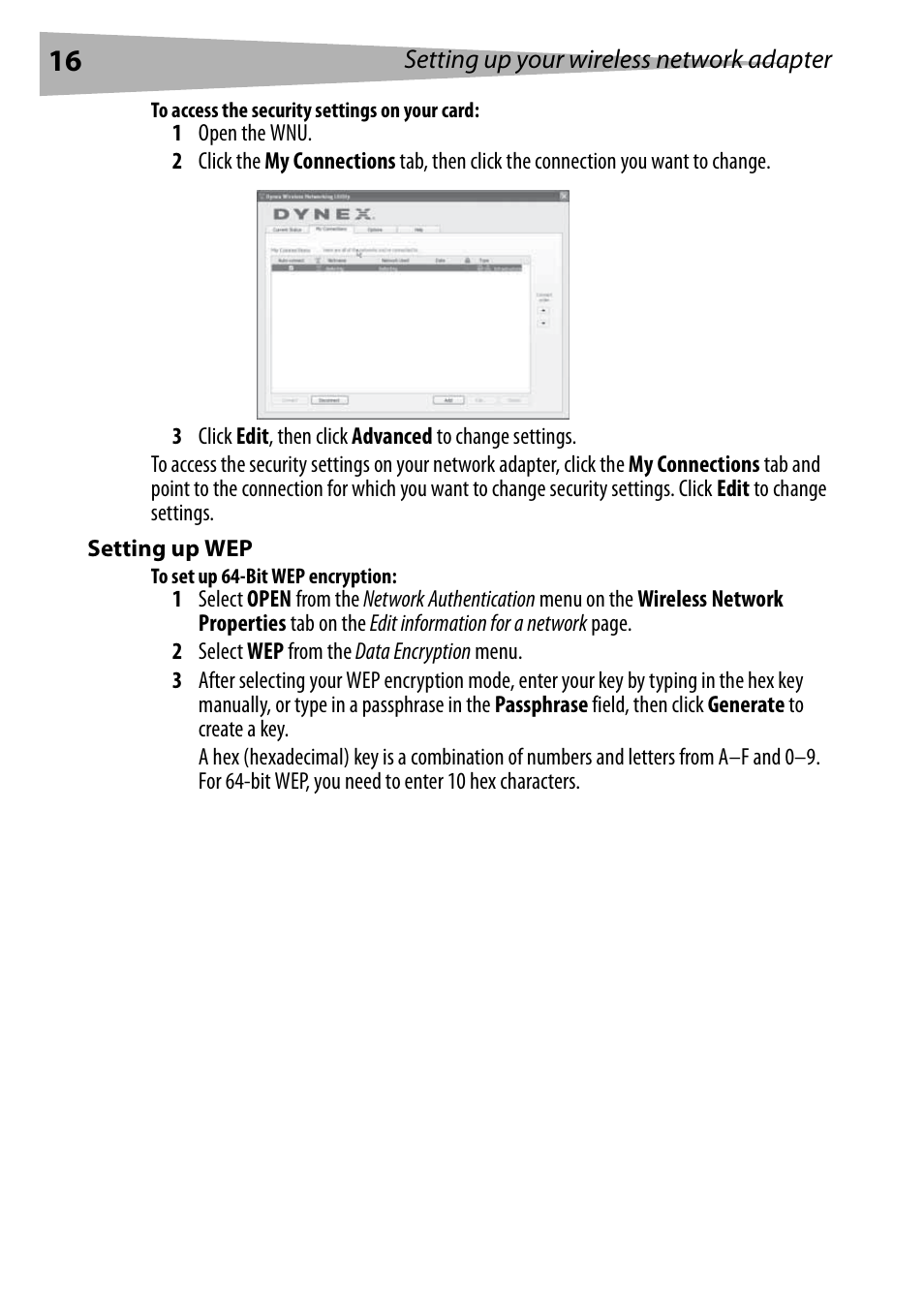 To access the security settings on your card, Setting up wep, To set up 64-bit wep encryption | Dynex DX-BUSB User Manual | Page 16 / 90