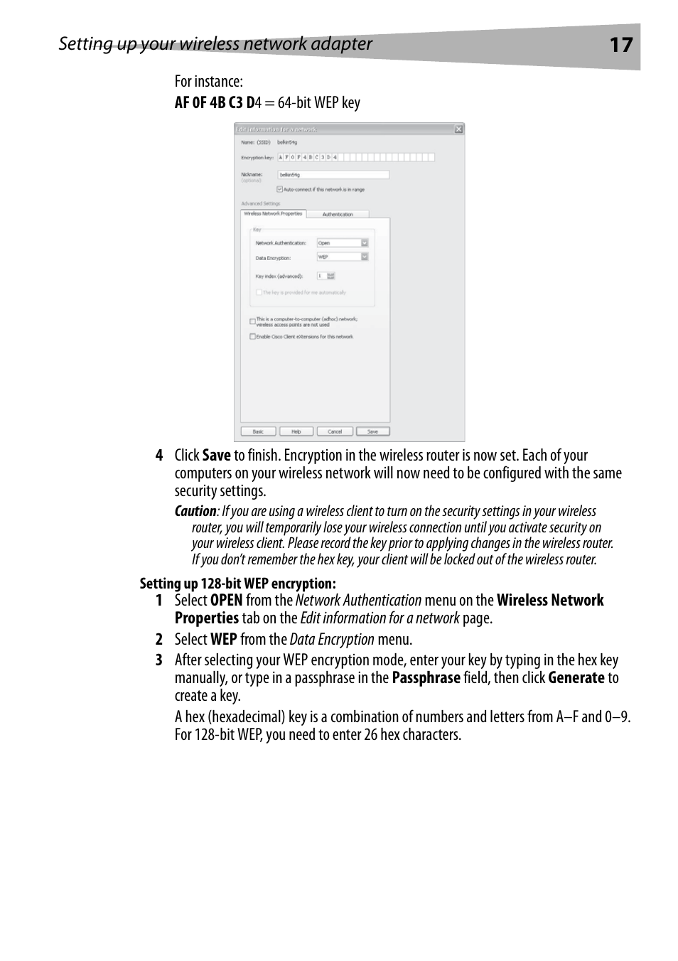 Setting up 128-bit wep encryption | Dynex DX-BUSB User Manual | Page 17 / 90