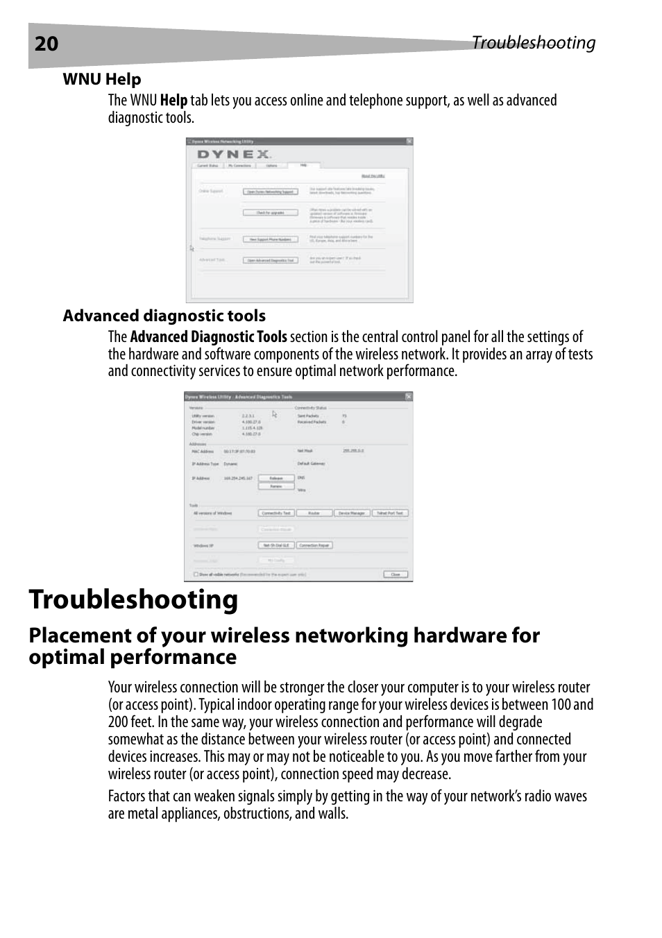Wnu help, Advanced diagnostic tools, Troubleshooting | Dynex DX-BUSB User Manual | Page 20 / 90