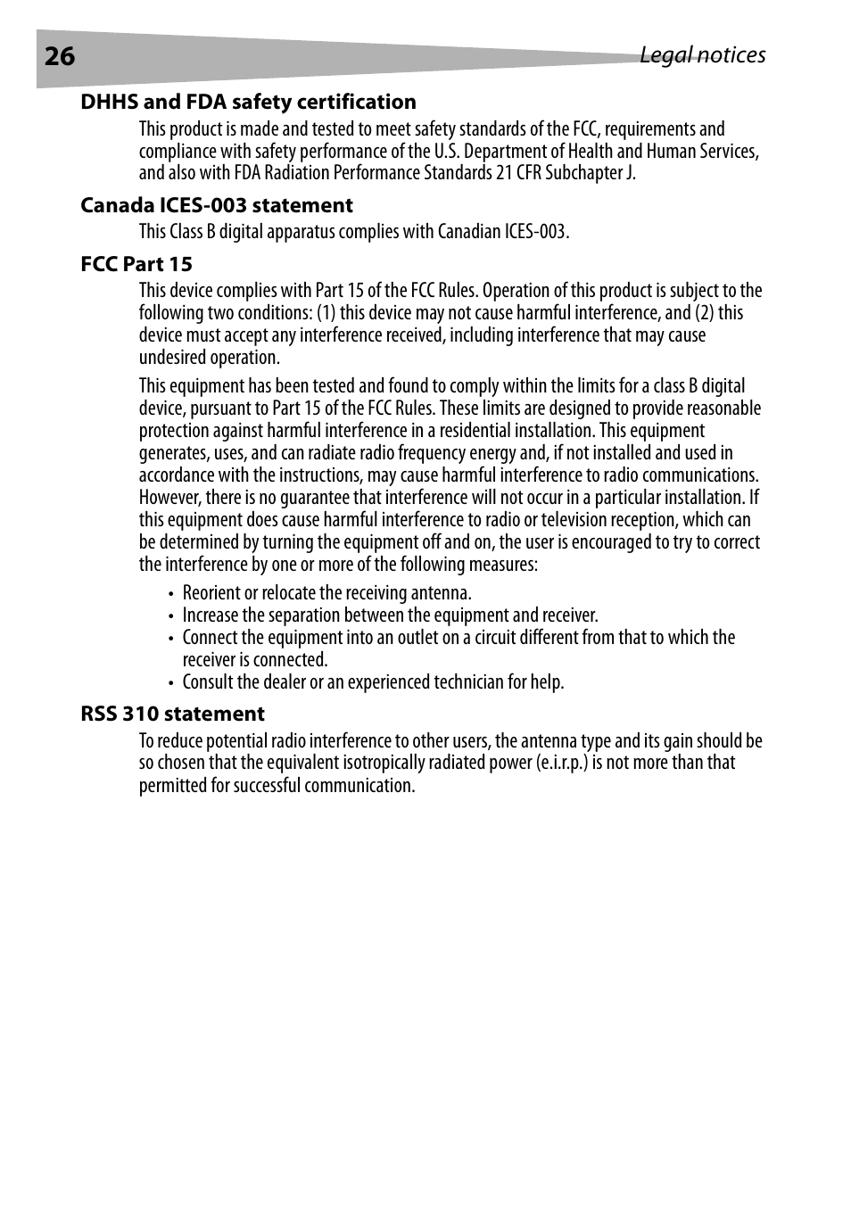 Dhhs and fda safety certification, Canada ices-003 statement, Fcc part 15 | Rss 310 statement | Dynex DX-BUSB User Manual | Page 26 / 90