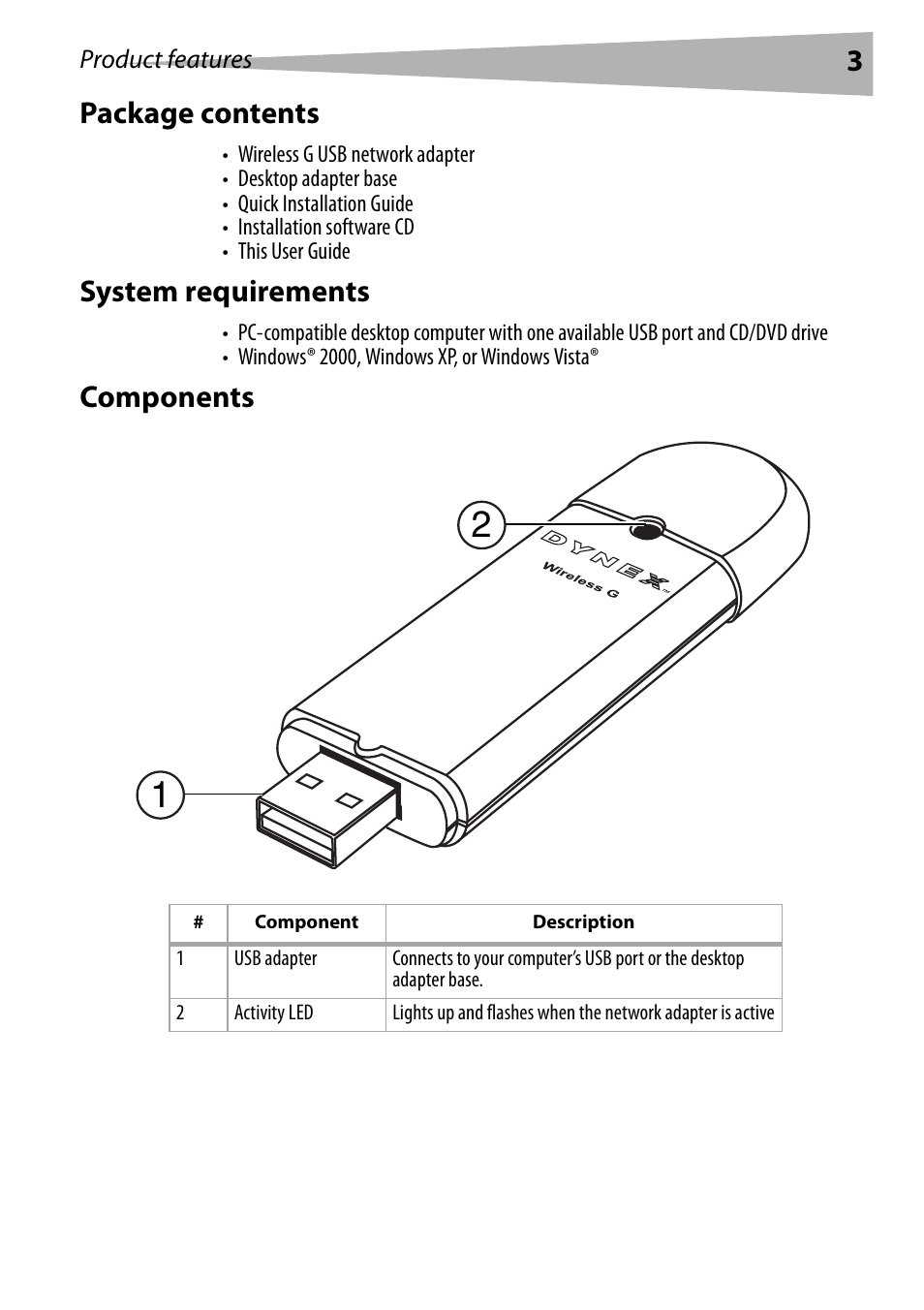 Package contents, System requirements, Components | 3package contents | Dynex DX-BUSB User Manual | Page 3 / 90