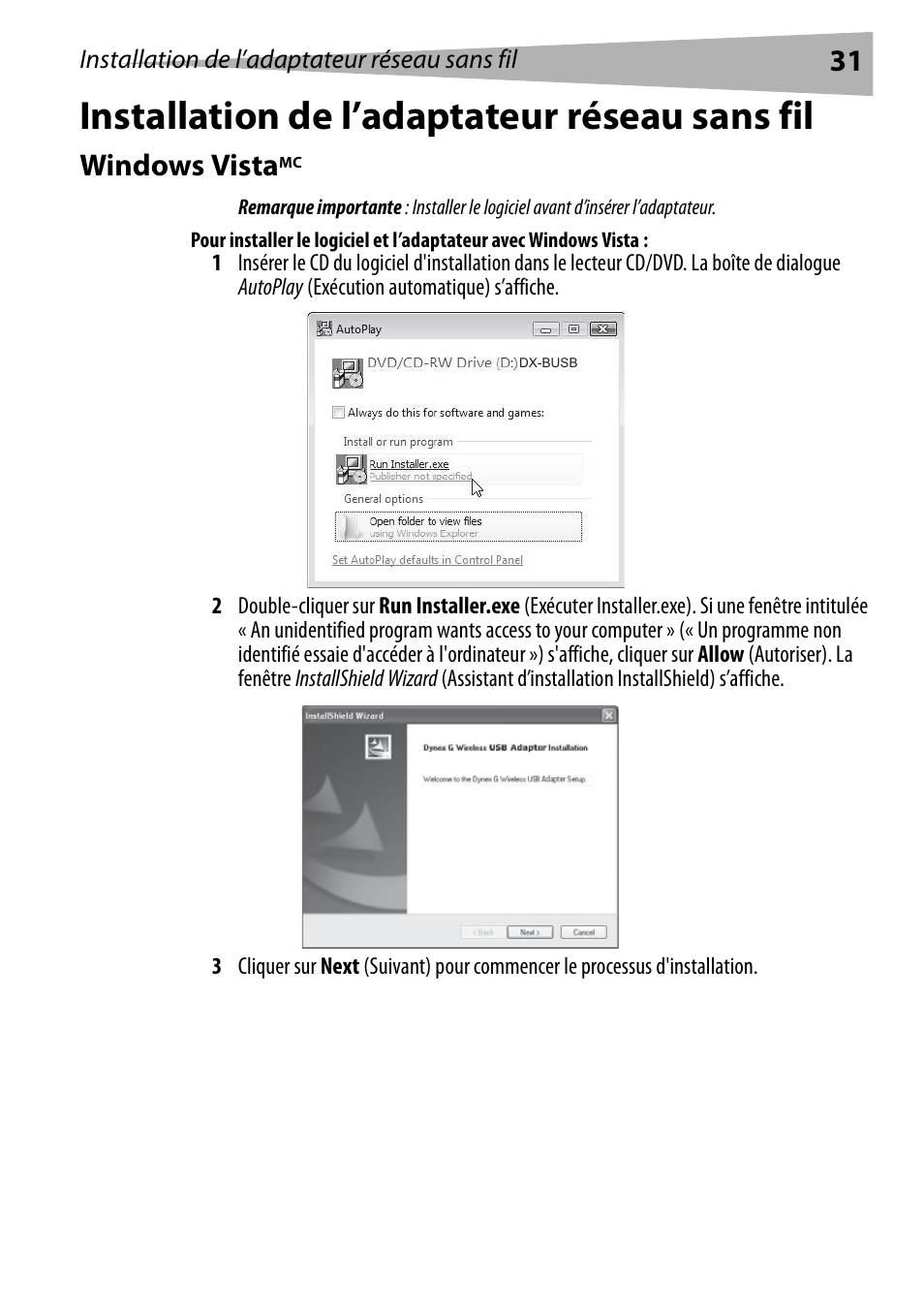 Installation de l’adaptateur réseau sans fil, Windows vistamc, Windows vista | Dynex DX-BUSB User Manual | Page 31 / 90