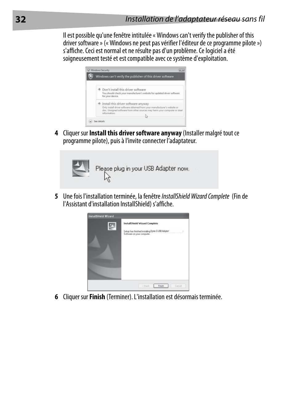 Installation de l’adaptateur réseau sans fil | Dynex DX-BUSB User Manual | Page 32 / 90