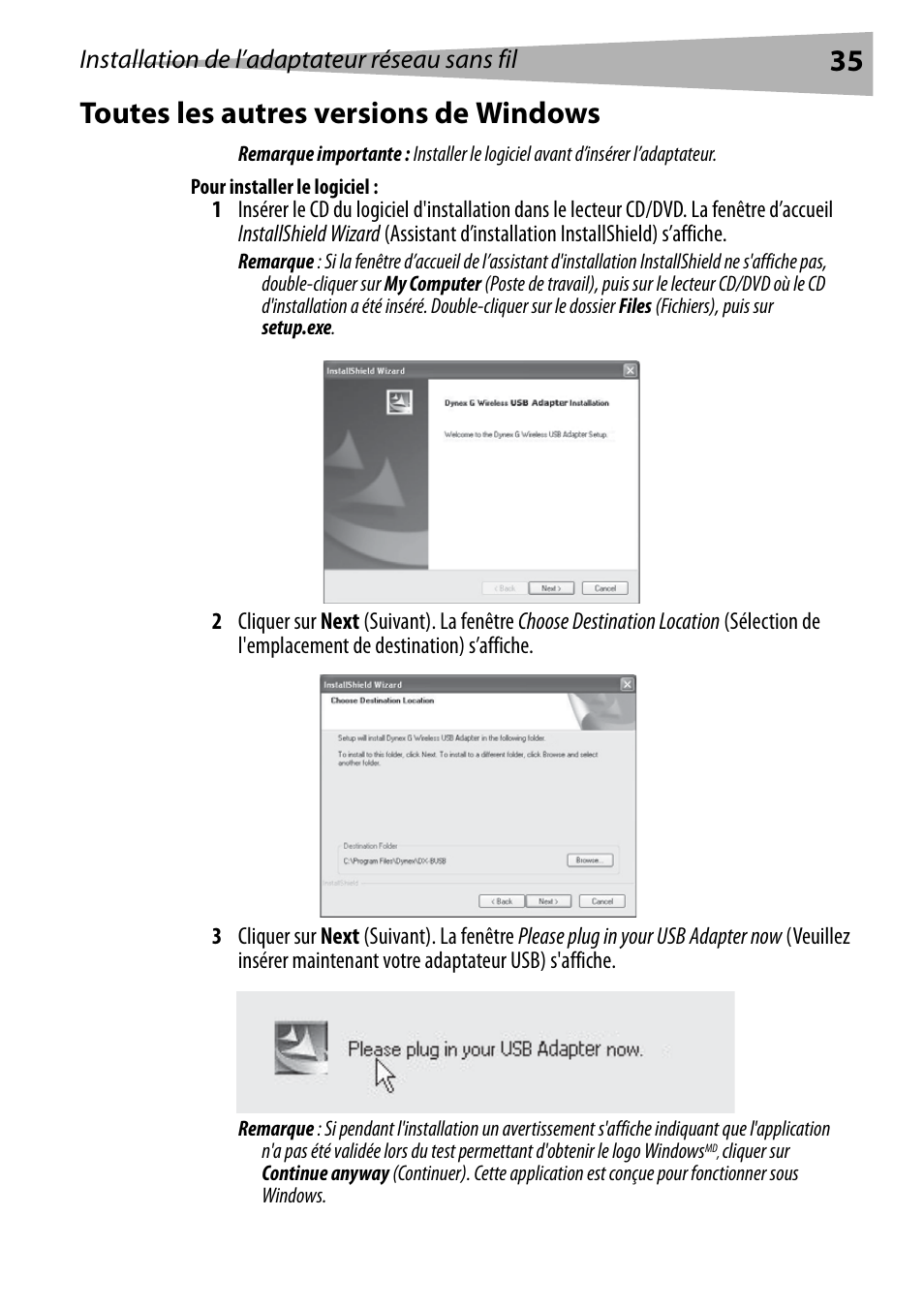 Toutes les autres versions de windows, Pour installer le logiciel, 35 toutes les autres versions de windows | Installation de l’adaptateur réseau sans fil | Dynex DX-BUSB User Manual | Page 35 / 90
