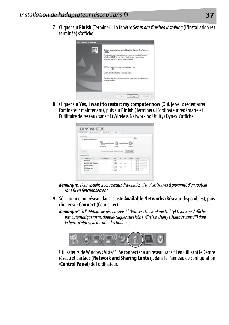 Installation de l’adaptateur réseau sans fil | Dynex DX-BUSB User Manual | Page 37 / 90