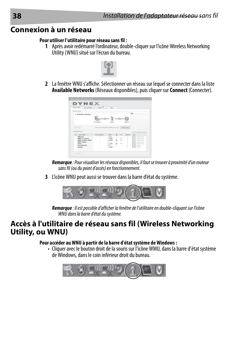 Connexion à un réseau, Pour utiliser l’utilitaire pour réseau sans fil | Dynex DX-BUSB User Manual | Page 38 / 90