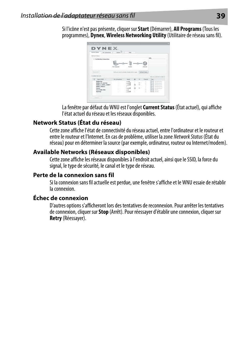 Network status (état du réseau), Available networks (réseaux disponibles), Perte de la connexion sans fil | Échec de connexion | Dynex DX-BUSB User Manual | Page 39 / 90
