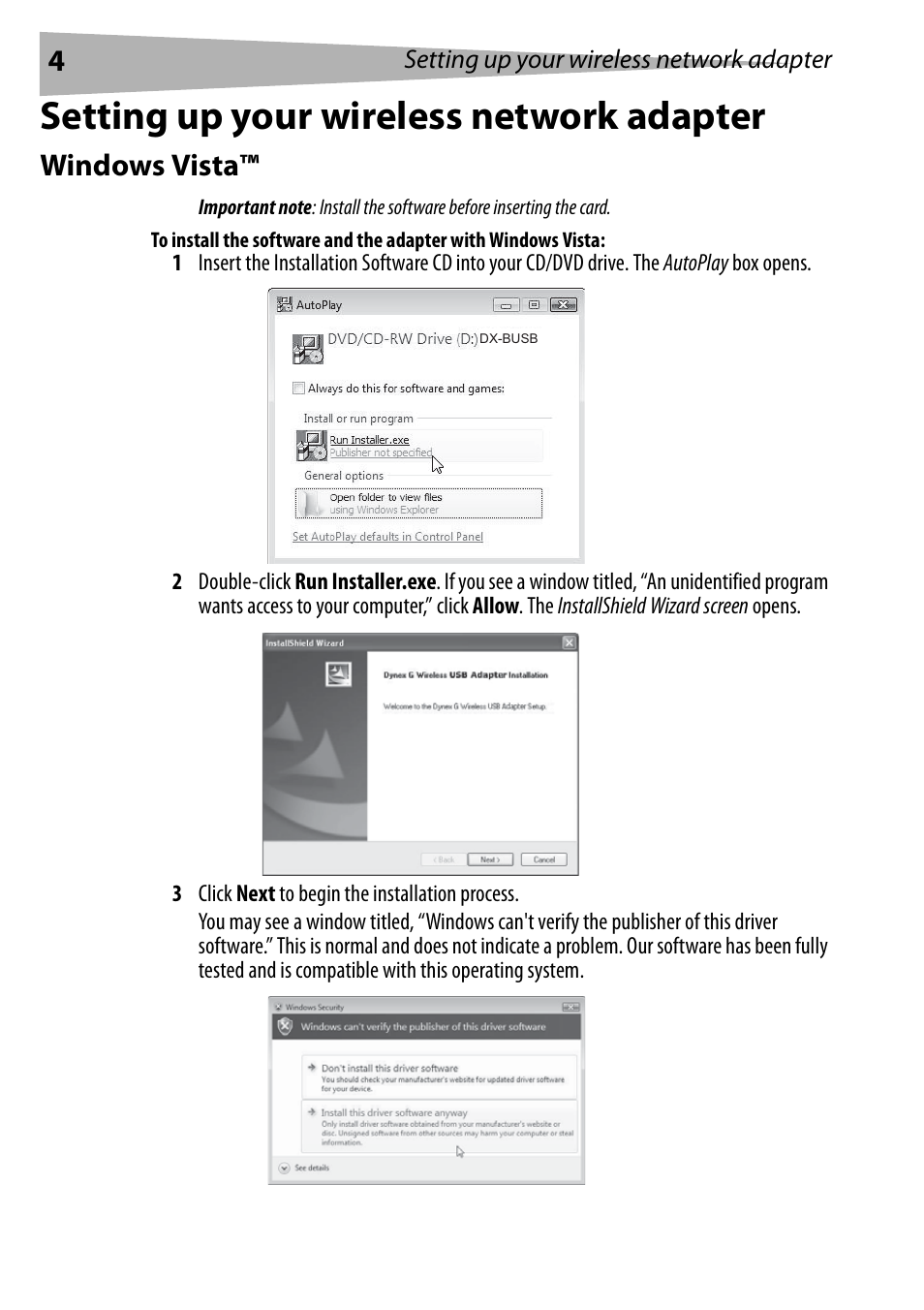 Setting up your wireless network adapter, Windows vista | Dynex DX-BUSB User Manual | Page 4 / 90