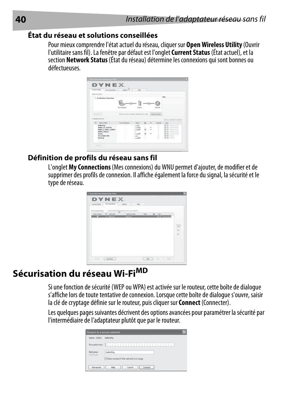 État du réseau et solutions conseillées, Définition de profils du réseau sans fil, Sécurisation du réseau wi-fimd | Sécurisation du réseau wi-fi | Dynex DX-BUSB User Manual | Page 40 / 90