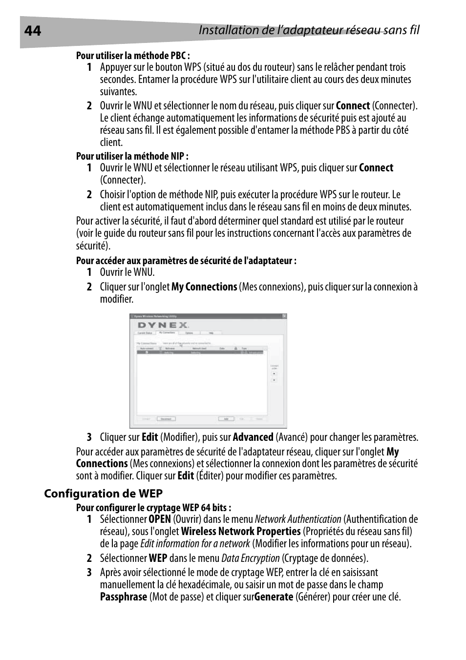 Pour utiliser la méthode pbc, Pour utiliser la méthode nip, Configuration de wep | Pour configurer le cryptage wep 64 bits | Dynex DX-BUSB User Manual | Page 44 / 90