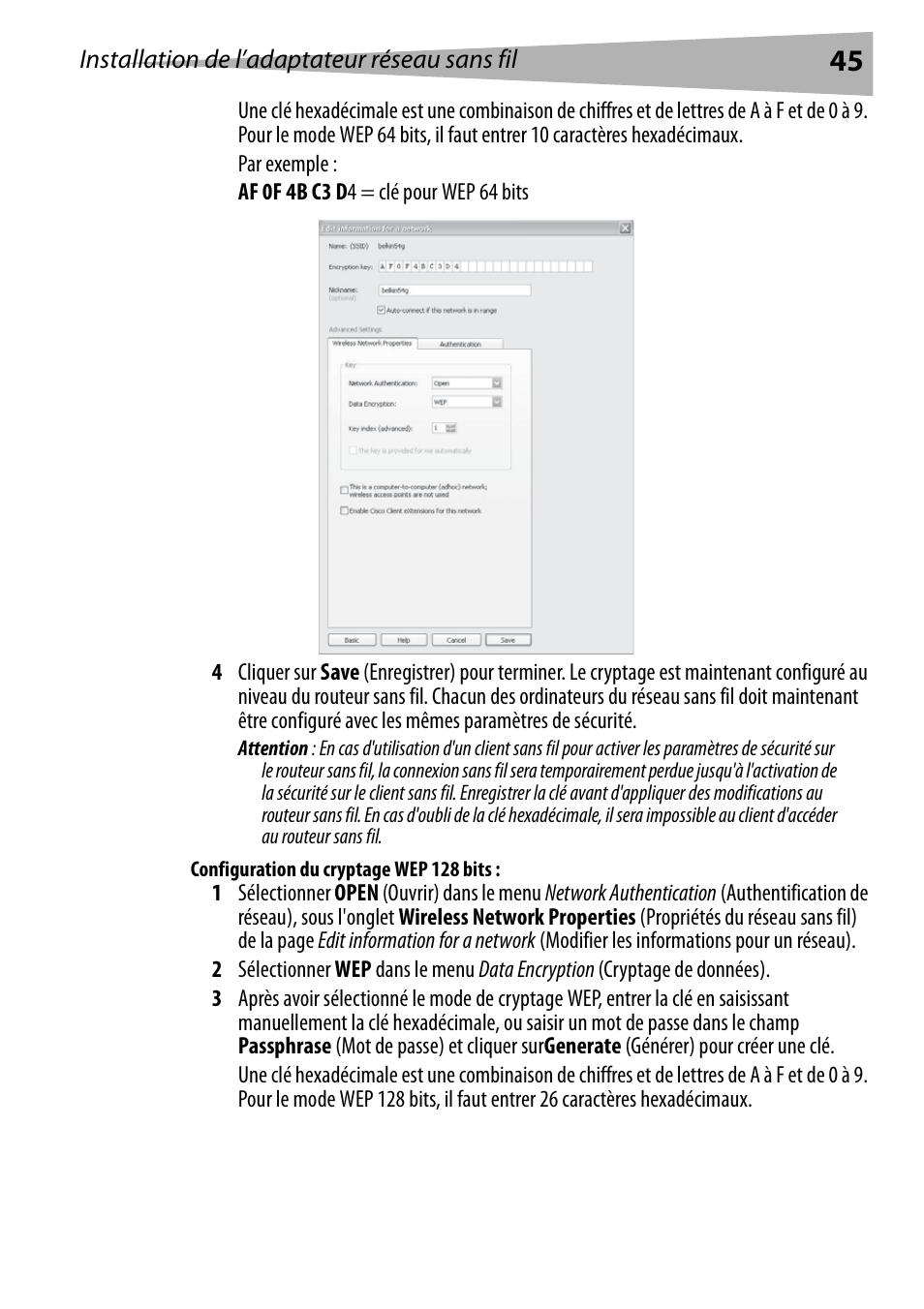 Configuration du cryptage wep 128 bits | Dynex DX-BUSB User Manual | Page 45 / 90