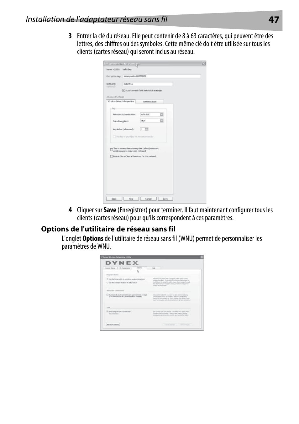 Options de l'utilitaire de réseau sans fil | Dynex DX-BUSB User Manual | Page 47 / 90