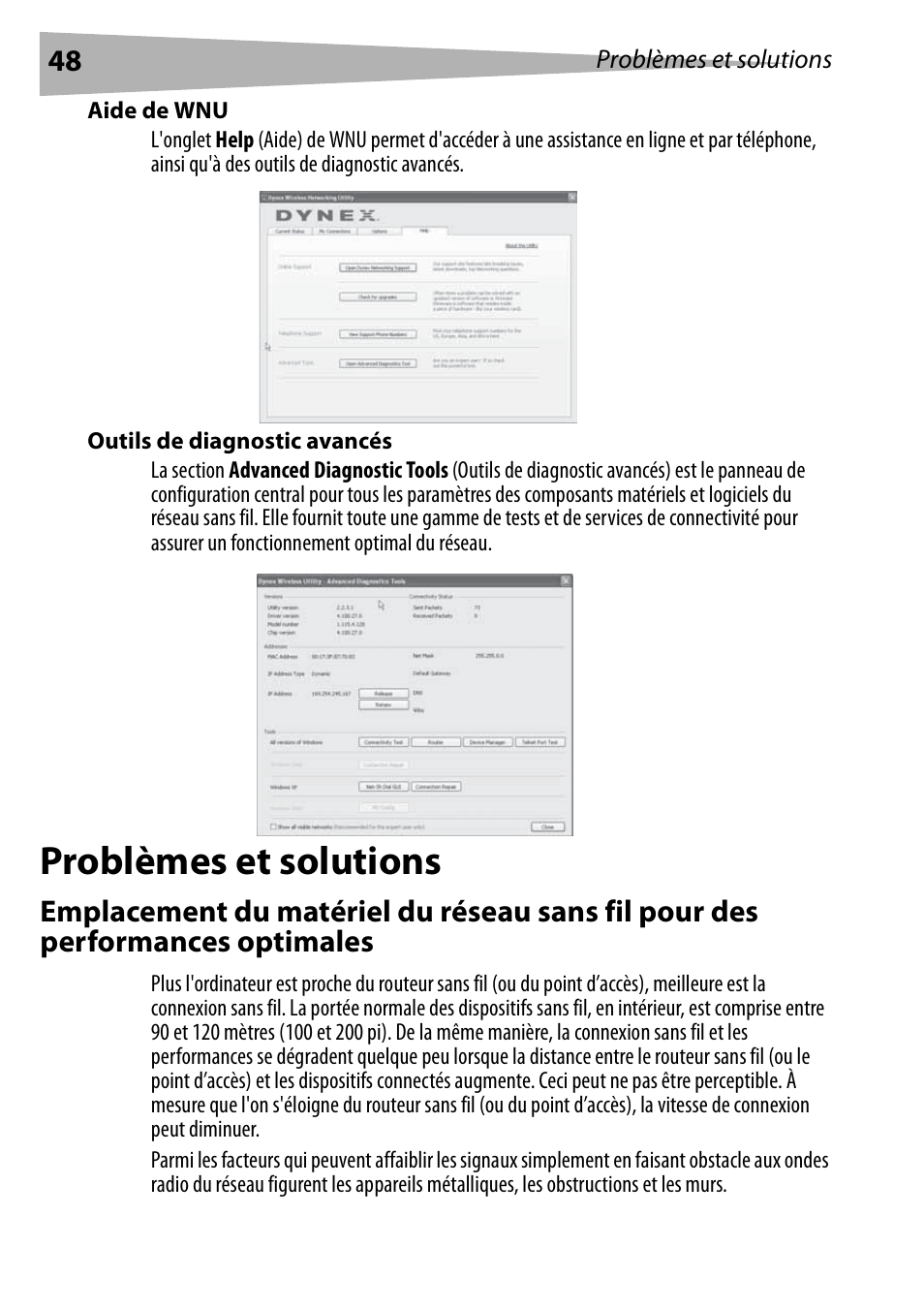 Aide de wnu, Outils de diagnostic avancés, Problèmes et solutions | Dynex DX-BUSB User Manual | Page 48 / 90